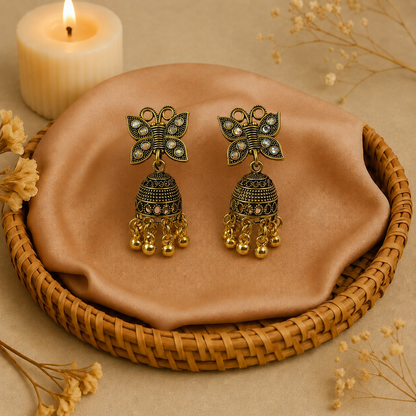 Butterfly Design Golden Traditional Jhumka Earrings for Women and Girls