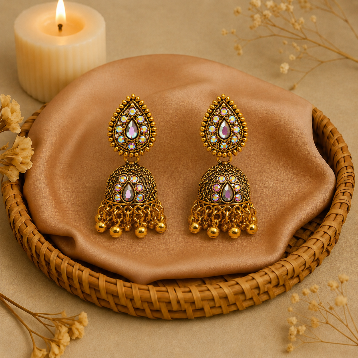 Antique Golden Jhumka Earrings for Women | Traditional Stone Jhumkas