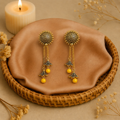 Golden Yellow Bead Chain Jhumka Earrings for Women | Traditional Long Dangler Jhumkas