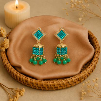 Aqua Blue Square Jhumka Earrings for Women | Stylish Stone Drop Earrings