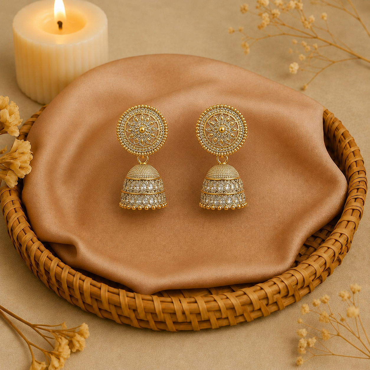 Golden Round Jhumka Earrings for Women | Traditional Pearl Look Earrings