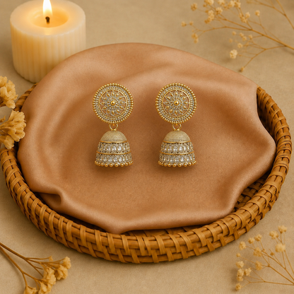 Golden Round Jhumka Earrings for Women | Traditional Pearl Look Earrings