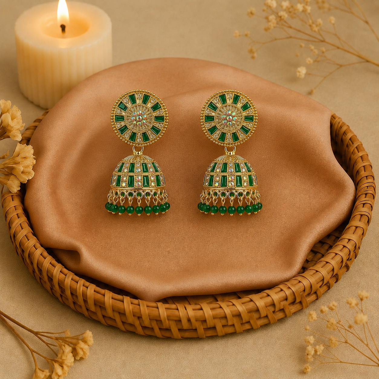 Green Golden Stone Work Traditional Jhumka Earrings for Women and Girls