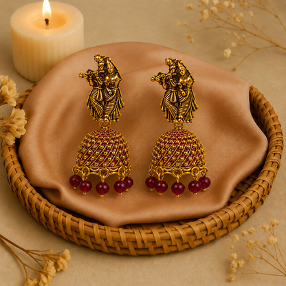 Radha Krishna Maroon Bead Jhumka Earrings for Women
