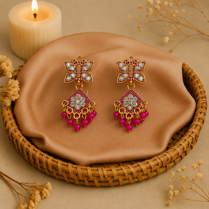 Butterfly Pink Drop Earrings for Women | Traditional Bead Earrings