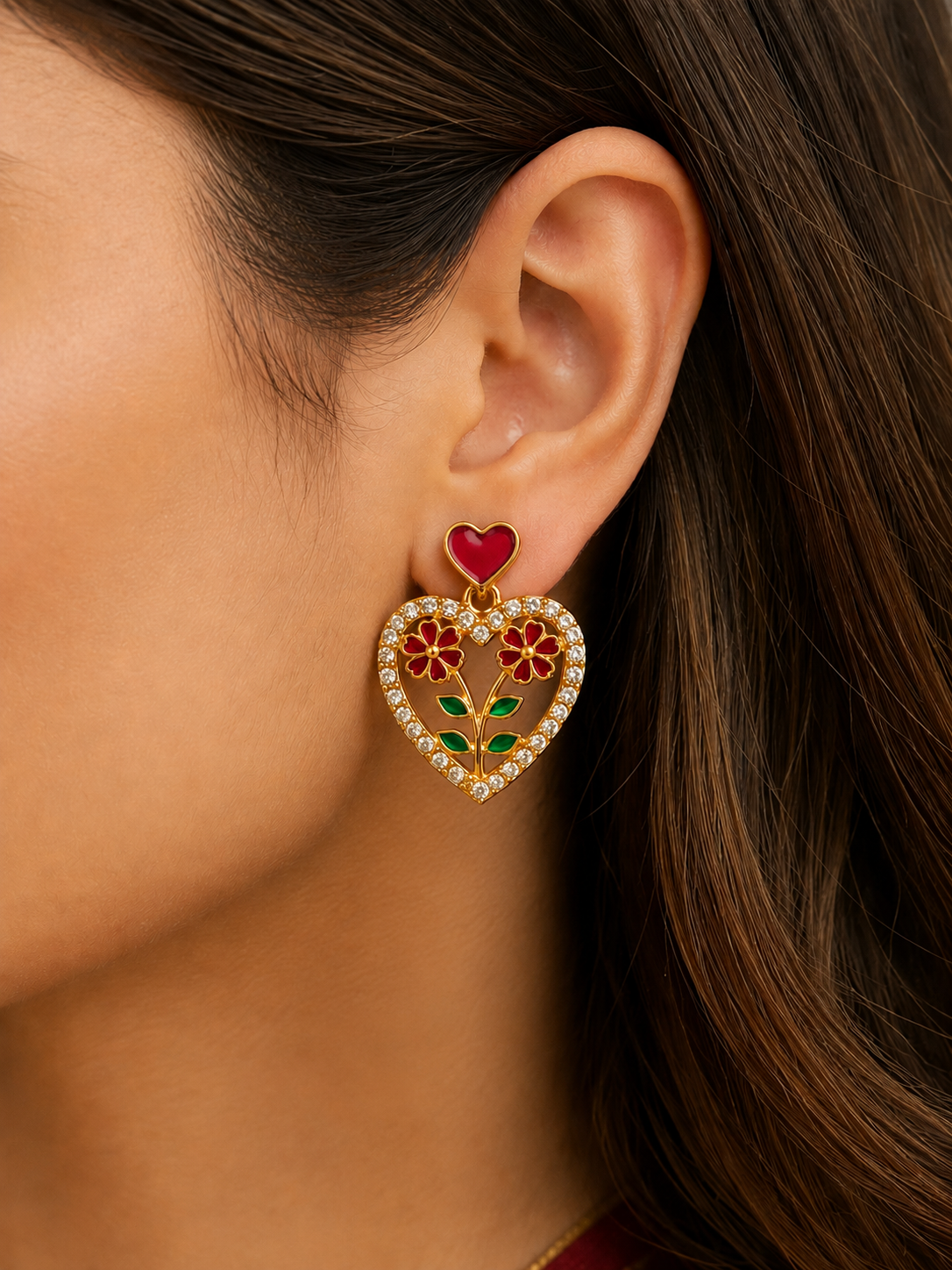 Ruby Heart Floral Crystal Earrings