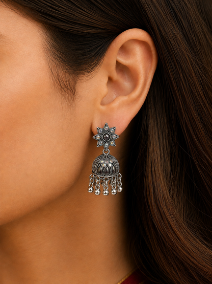 Oxidised Silver Star Jhumka Earrings for Women | Traditional Stone Earrings