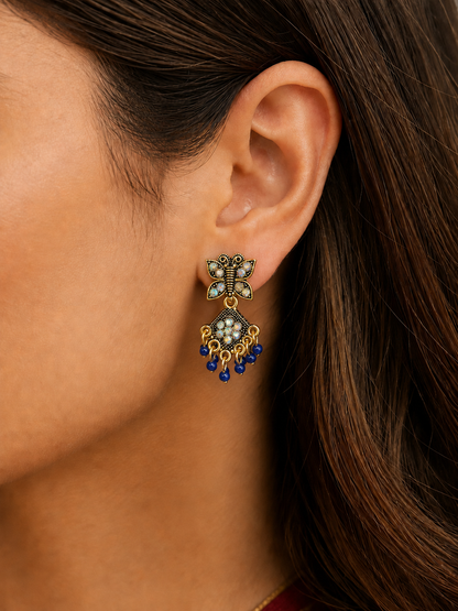 Blue Butterfly Charm Earrings with Bead Hangings for Women and Girls