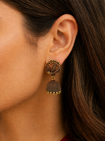 Peacock Design Golden Traditional Jhumka Earrings for Women and Girls