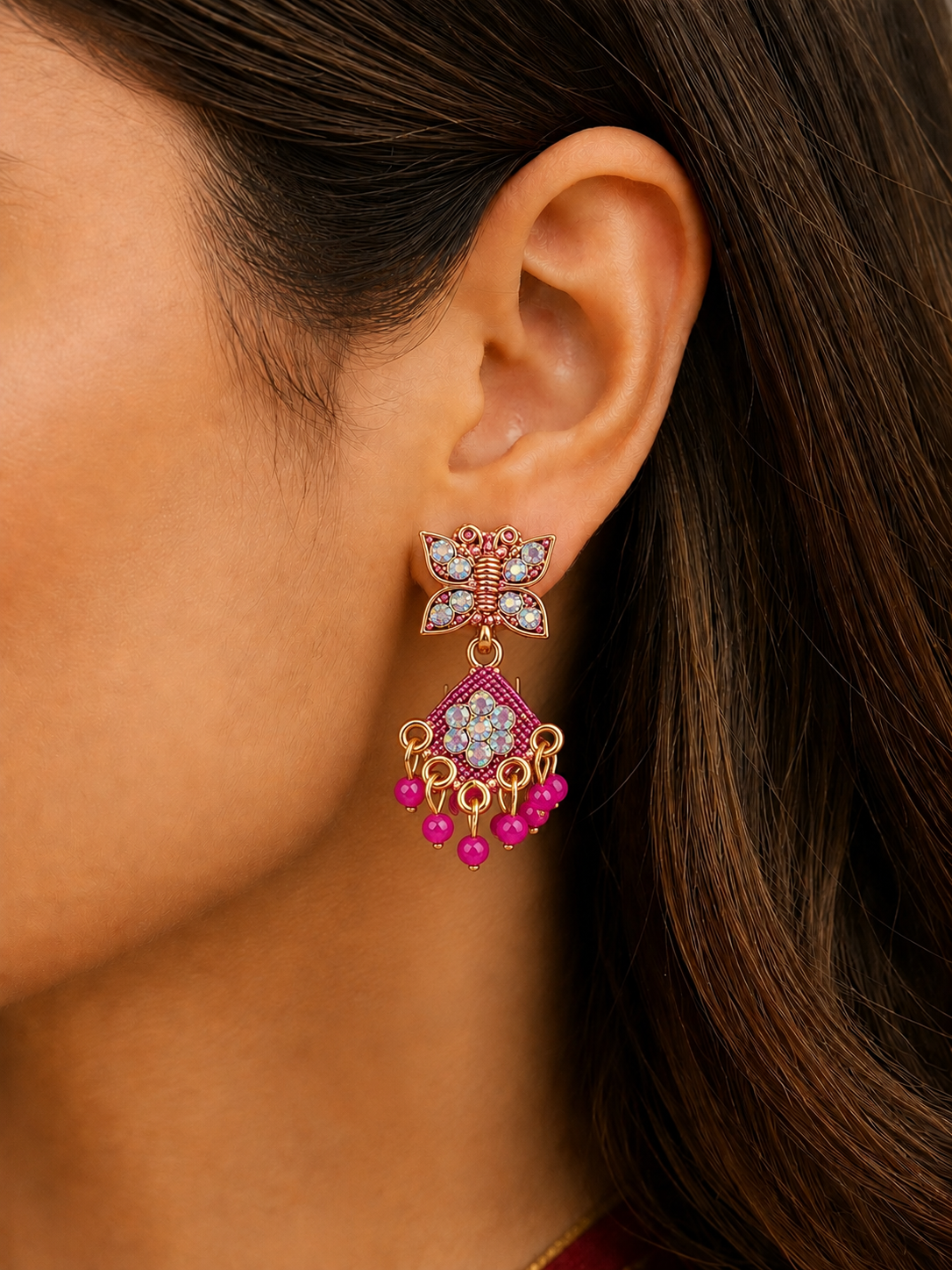 Butterfly Pink Drop Earrings for Women | Traditional Bead Earrings