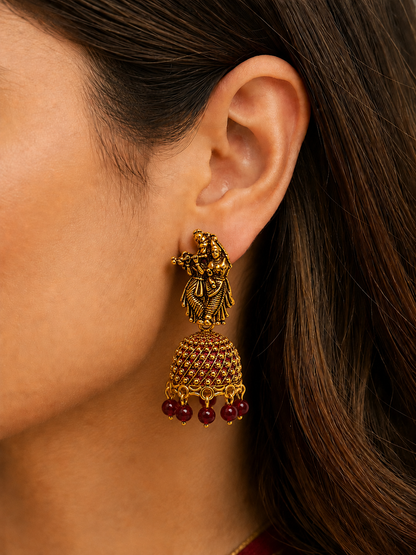 Radha Krishna Maroon Bead Jhumka Earrings for Women