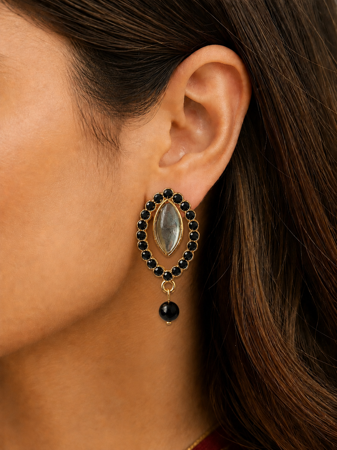 Black Onyx Look Oval Statement Earrings with Pearl Drop for Women