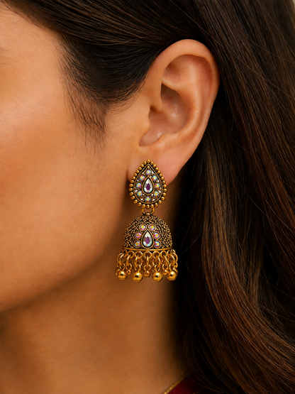 Antique Golden Jhumka Earrings for Women | Traditional Stone Jhumkas