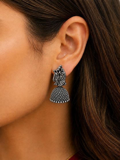 Oxidised Radha Krishna Jhumka Earrings for Women | Traditional Silver Look Earrings