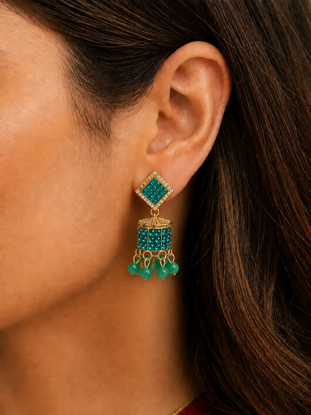 Aqua Blue Square Jhumka Earrings for Women | Stylish Stone Drop Earrings
