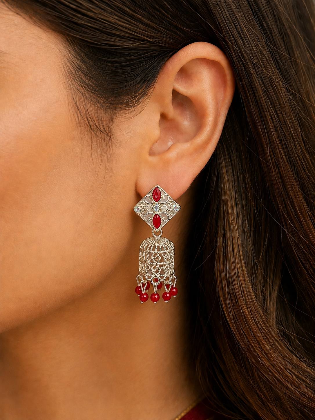 Red Stone Silver Jhumka Earrings for Women | Traditional Ethnic Drop Earrings