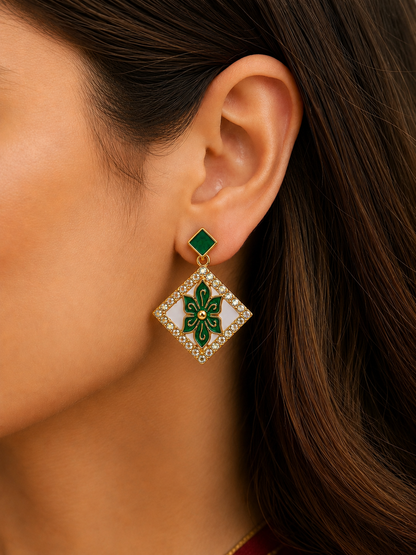 Emerald Green Floral Diamond Drop Earrings for Women | Gold-Plated Party Wear Earrings