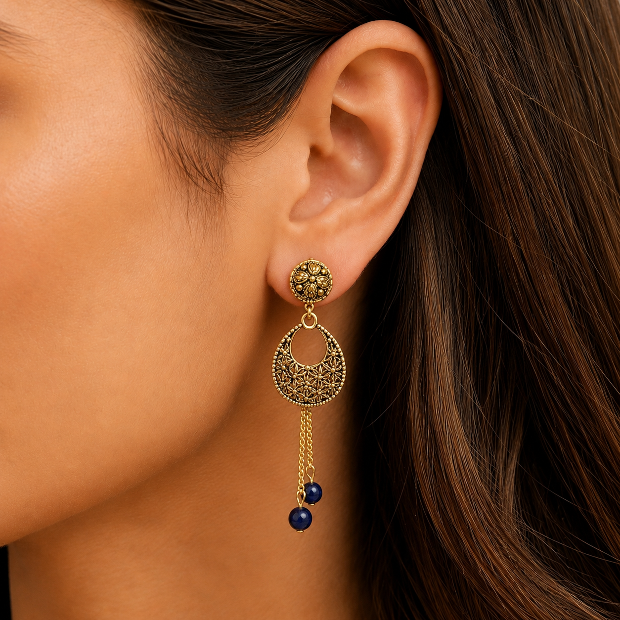 Vintage Style Artificial Drop Earrings with Blue Beads | Ethnic Fashion Earrings for Women