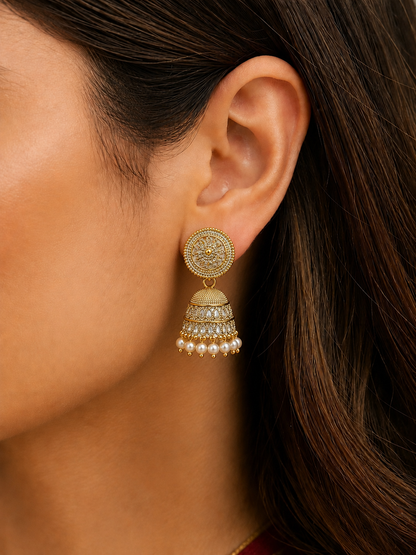 Golden Round Jhumka Earrings for Women | Traditional Pearl Look Earrings