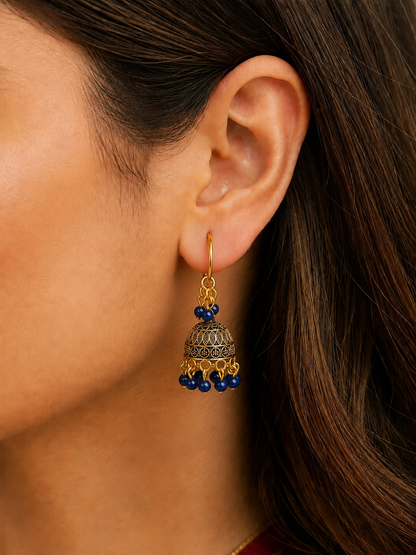 Blue Bead Hoop Jhumka Earrings for Women | Black Golden Traditional Earrings
