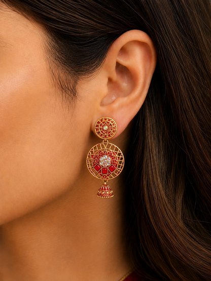 Traditional Red Stone Chandbali Earrings for Women | Trendy Ethnic Party Wear Earrings