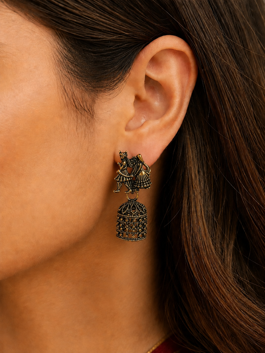 Oxidised Radha Krishna Jhumka Earrings for Women | Traditional Black Golden Earrings