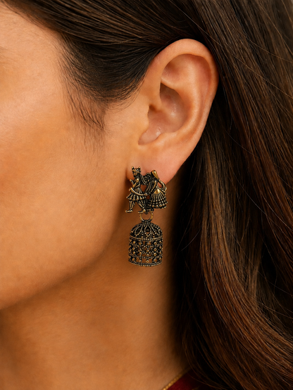 Oxidised Radha Krishna Jhumka Earrings for Women | Traditional Black Golden Earrings