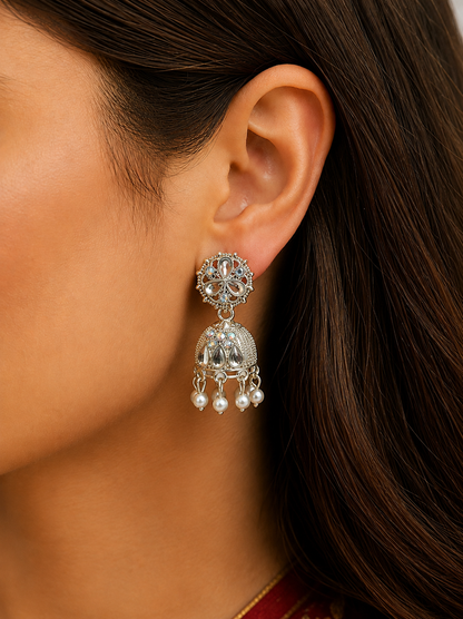 Aesthetic Silver Jhumka Earrings for Women | Korean Style Pearl Drop Party Earrings