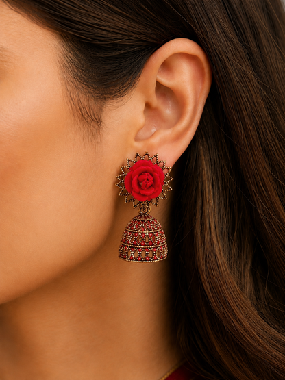 Rose Bloom Traditional Jhumka Earrings for Women | Red Floral Ethnic Party Earrings