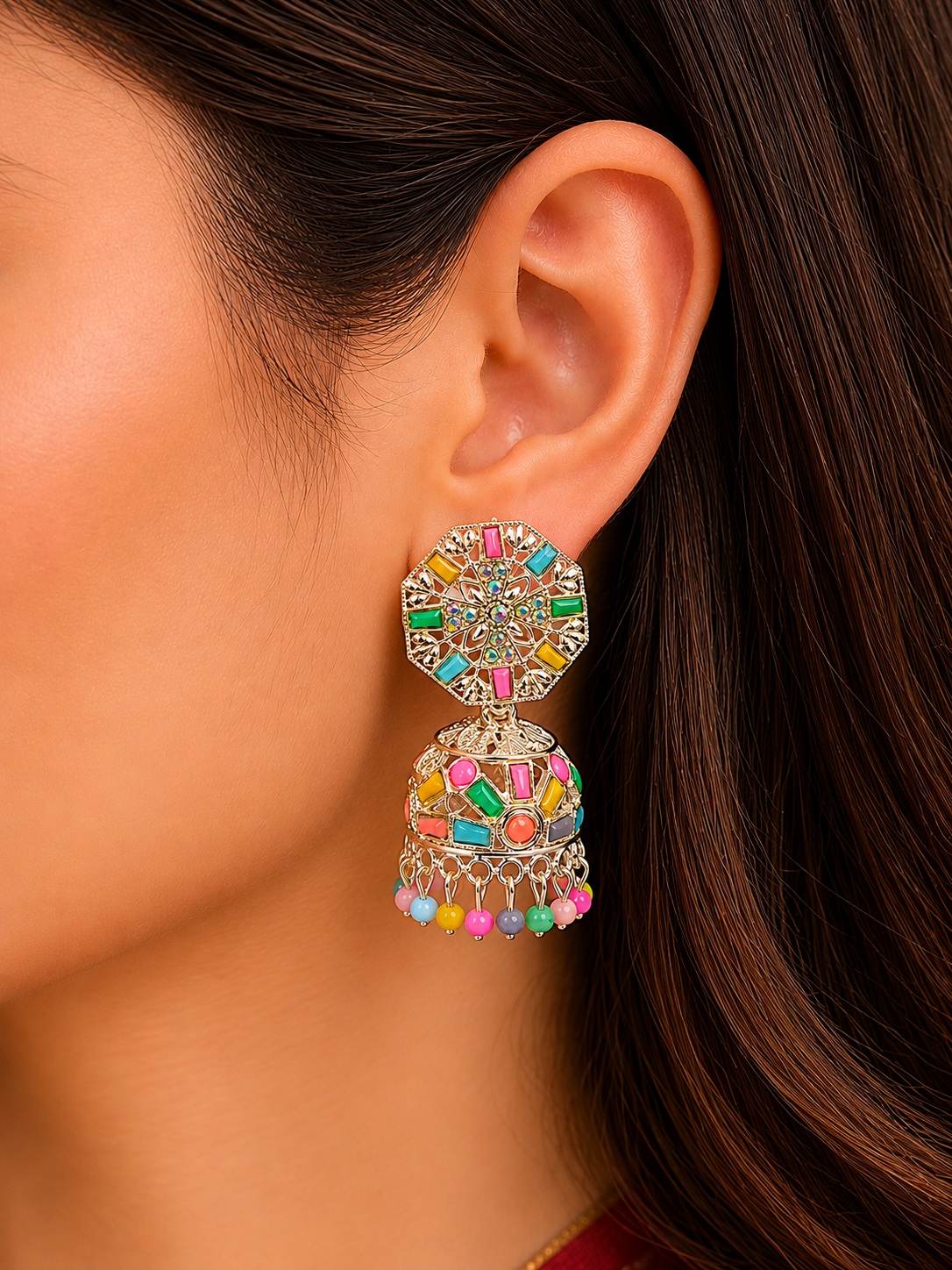 Multicolor Mosaic Jhumka Earrings with Pastel Bead Drops for Women and Girls