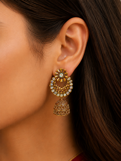 Antique Golden Chandbali Jhumka Earrings for Women | Traditional Statement Earrings