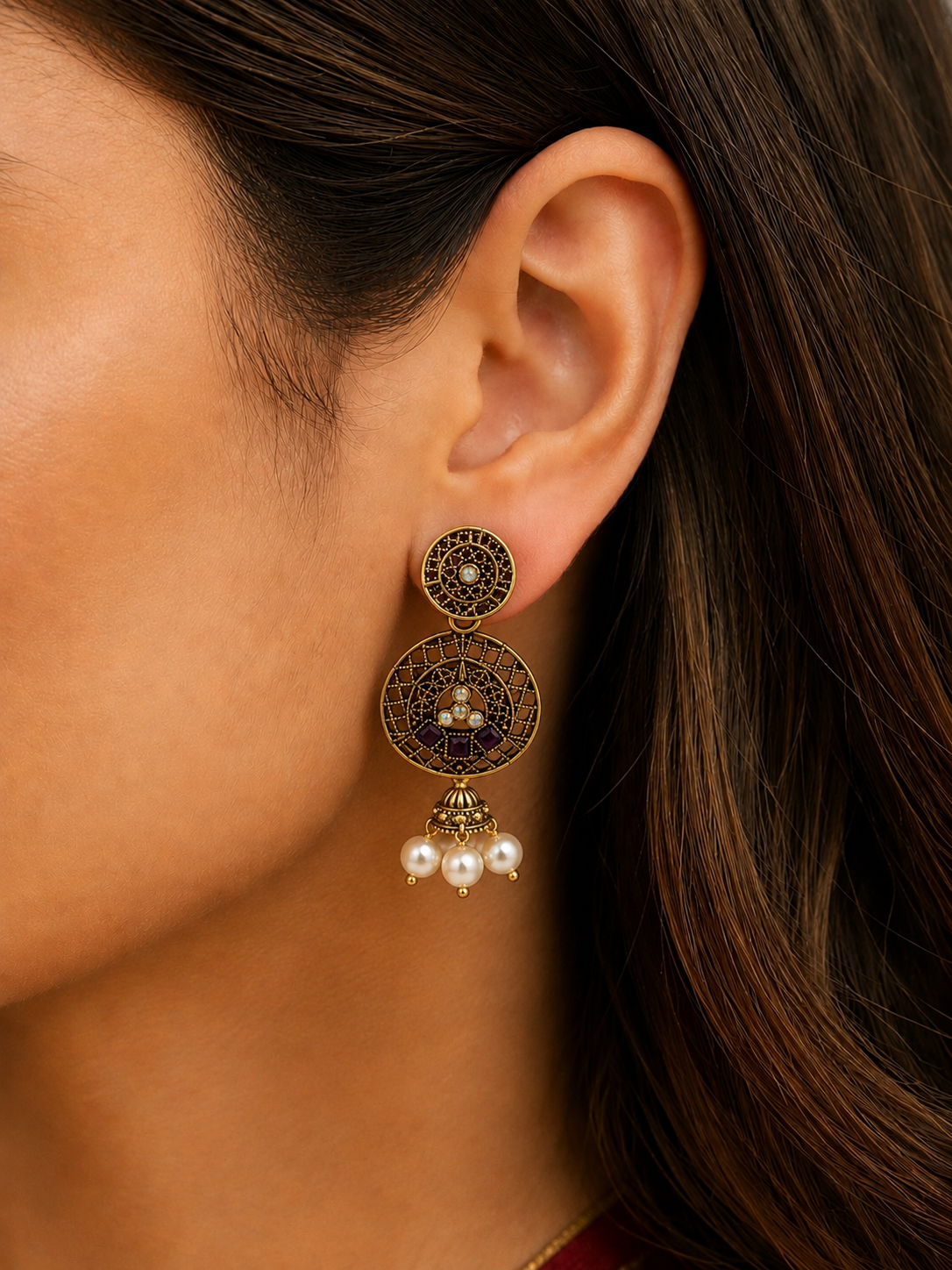 Golden Round Mirror Work Traditional Dangler Earrings for Women and Girls