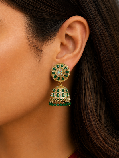 Green Golden Stone Work Traditional Jhumka Earrings for Women and Girls