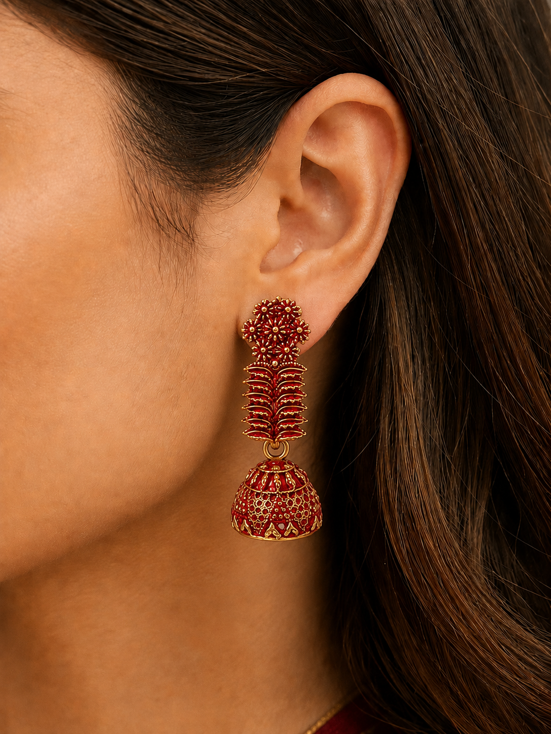 Red Golden Floral Traditional Jhumka Earrings for Women and Girls