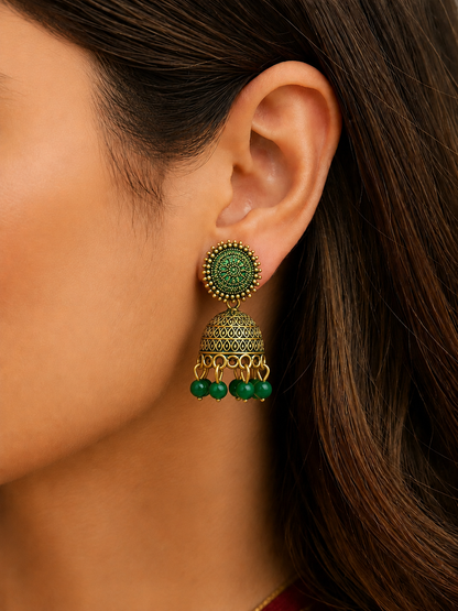 Green Bead Golden Traditional Jhumka Earrings for Women and Girls