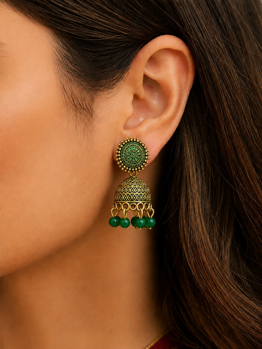 Green Bead Golden Traditional Jhumka Earrings for Women and Girls