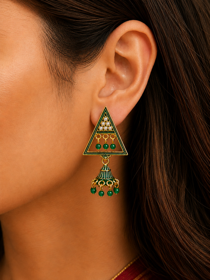 Trendy Green Triangle Jhumka Earrings for Women | Aesthetic Korean Style Ethnic Earrings
