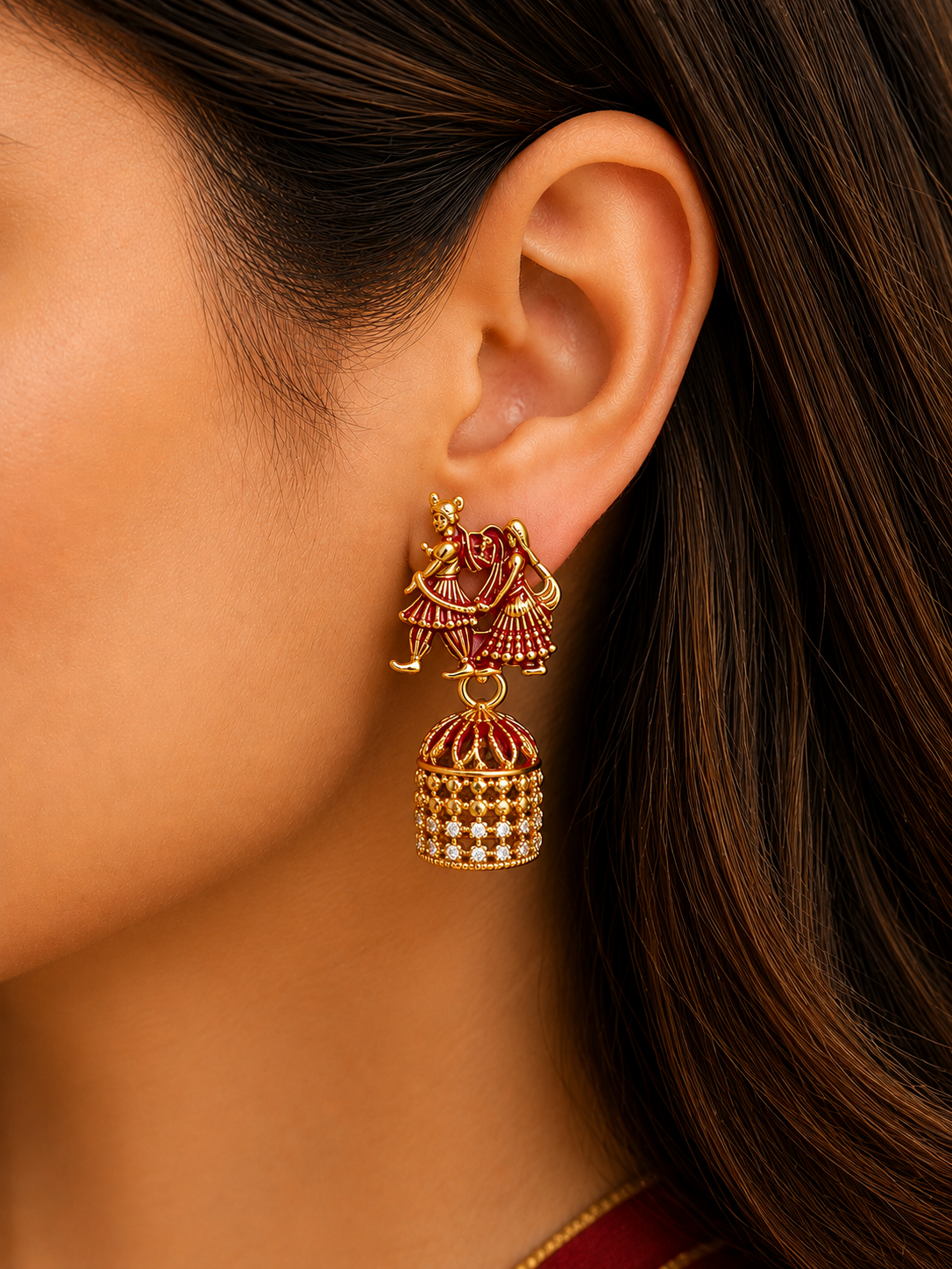 Radha Krishna Red Golden Traditional Jhumka Earrings for Women and Girls