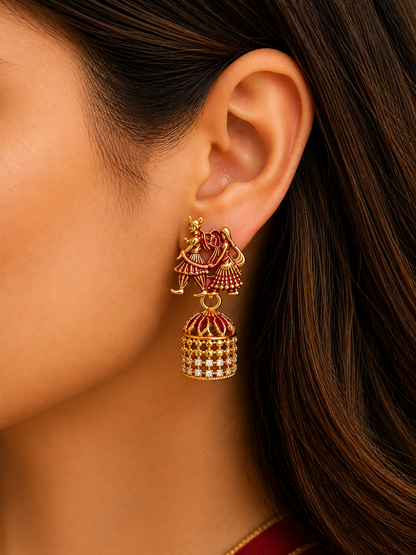 Radha Krishna Red Golden Traditional Jhumka Earrings for Women and Girls