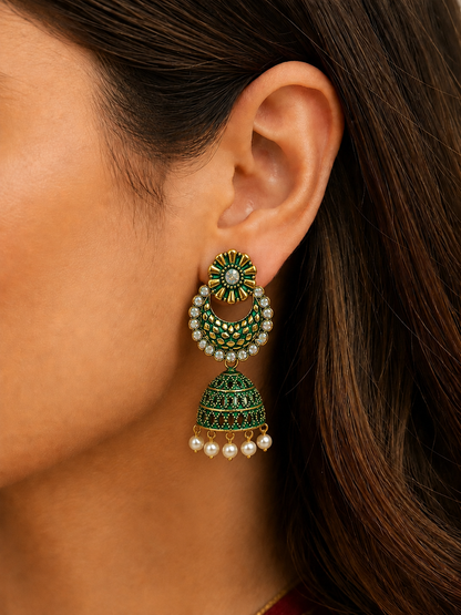 Green Golden Chandbali Jhumka Earrings for Women and Girls