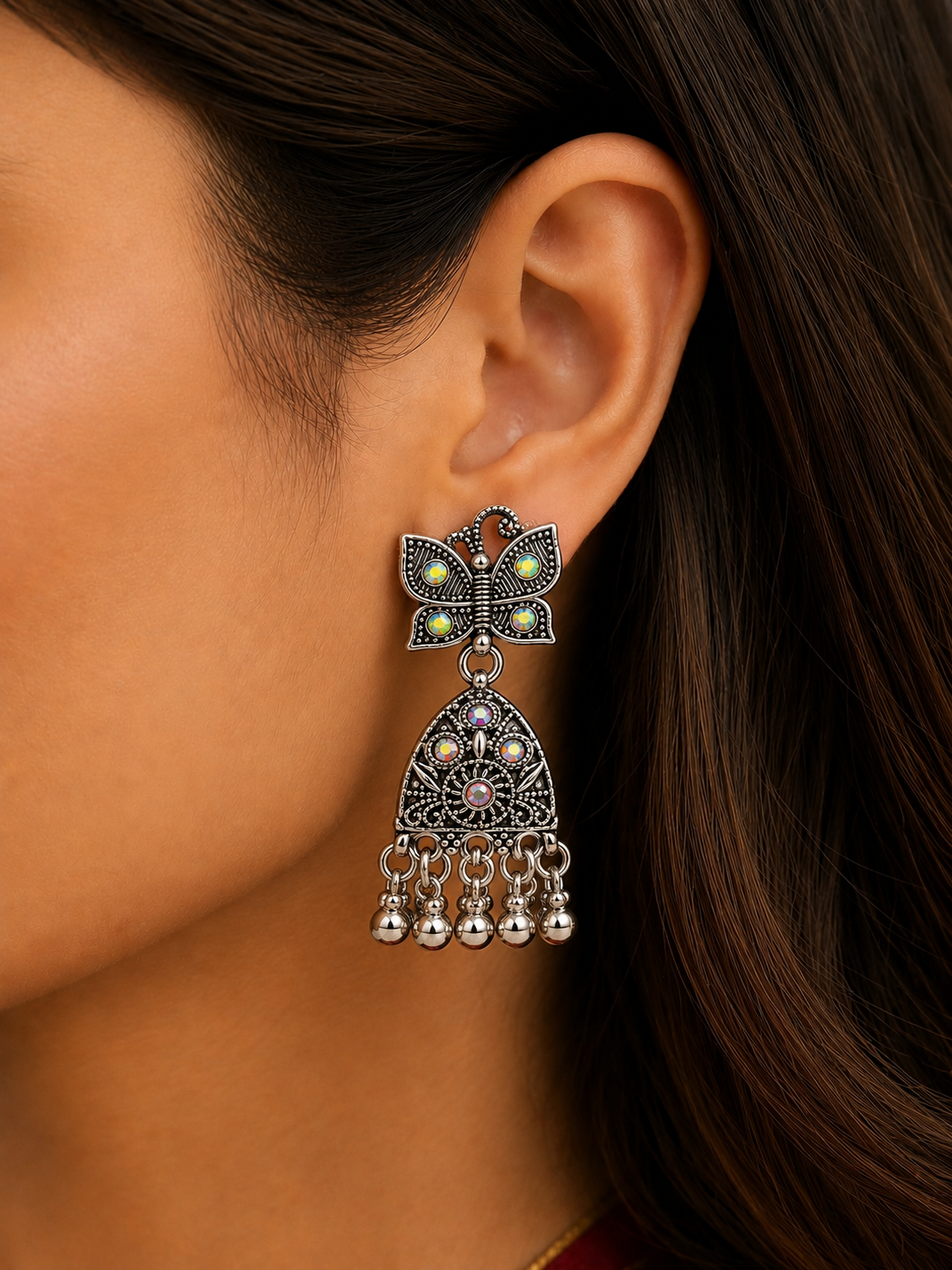 Silver Butterfly Design Traditional Jhumka Earrings for Women and Girls