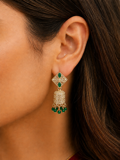 Green Stone Jhumka Earrings for Women | Traditional Drop Earrings