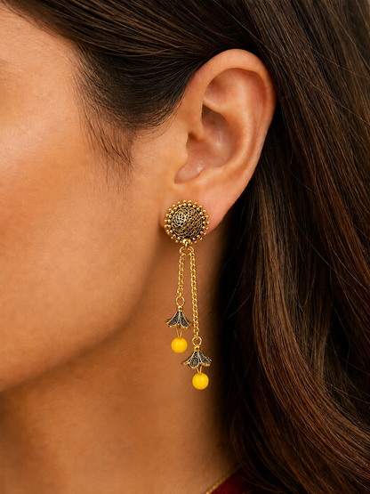 Golden Yellow Bead Chain Jhumka Earrings for Women | Traditional Long Dangler Jhumkas