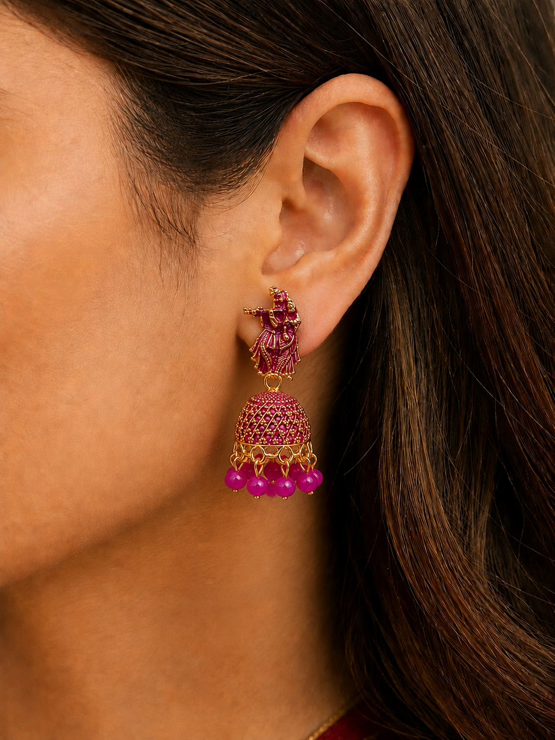 Radha Krishna Pink Jhumka Earrings for Women | Traditional Festive Earrings