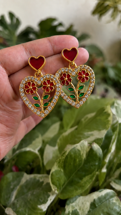 Ruby Heart Floral Crystal Earrings