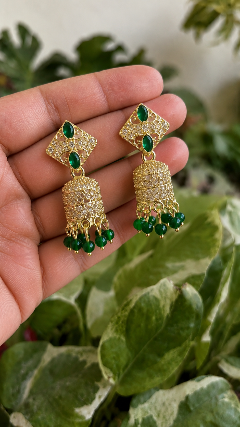 Green Stone Jhumka Earrings for Women | Traditional Drop Earrings