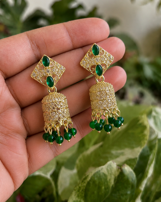 Green Stone Jhumka Earrings for Women | Traditional Drop Earrings