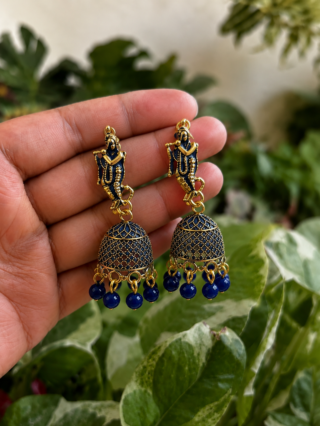 Blue Krishna Design Jhumka Earrings with Bead Drops for Women and Girls