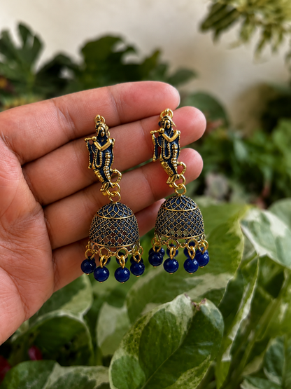 Blue Krishna Design Jhumka Earrings with Bead Drops for Women and Girls