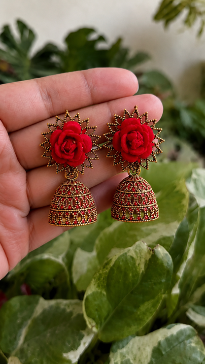 Rose Bloom Traditional Jhumka Earrings for Women | Red Floral Ethnic Party Earrings